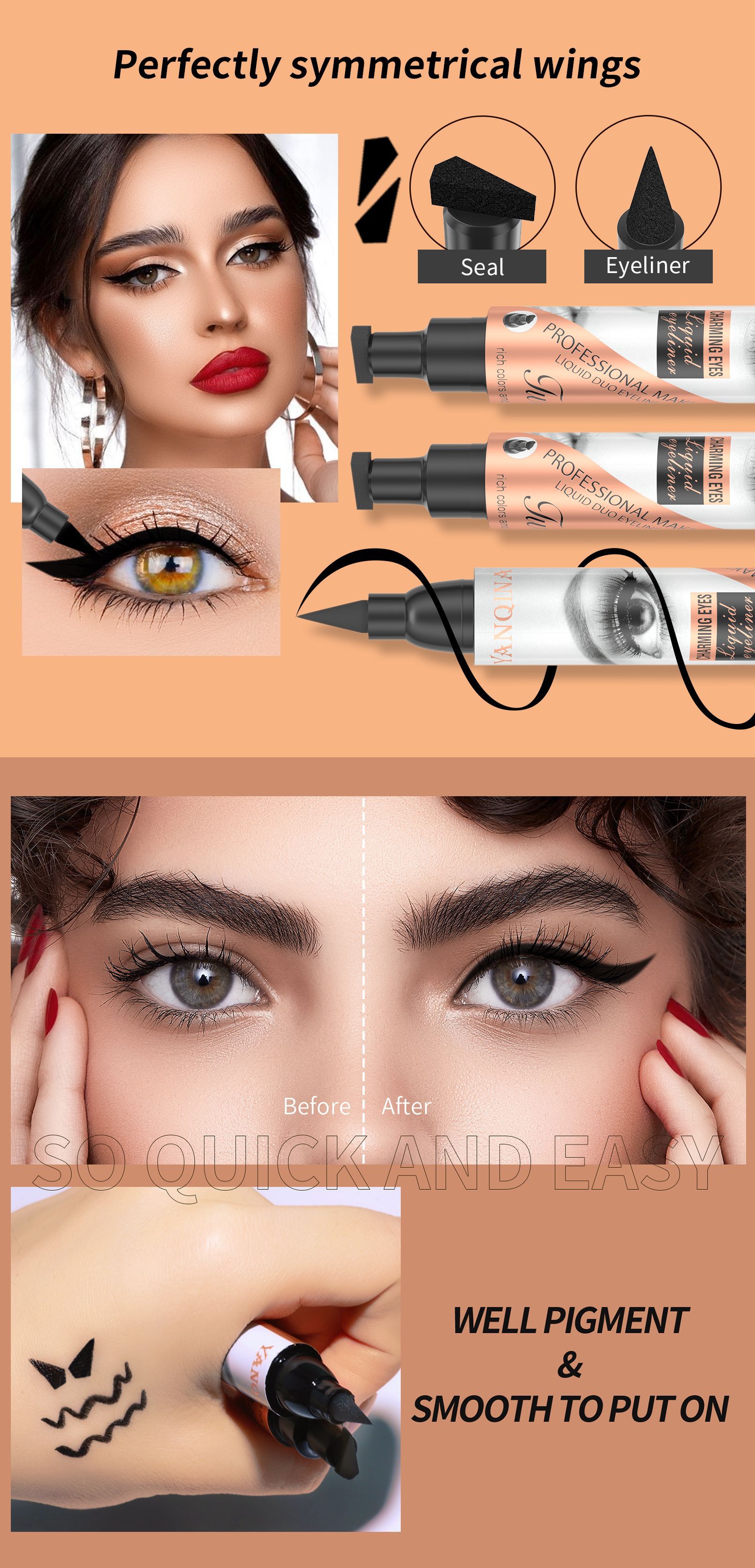 New YANQINA double-headed triangular seal eyeliner non-smudge waterproof Stamp eyeliner for cross-border use Application Scenario