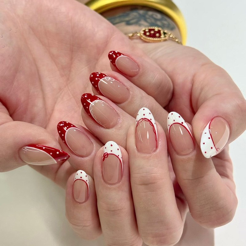 Cross-Border Hot-Selling Red and White Polka Dot Lace Manicure, Sweet Girly French Wear Nails, 24-Piece Fake Nail Patches Cross-Border Hot-Selling Red and White Polka Dot Lace Manicure, Sweet Girly French Wear Nails, 24-Piece Fake Nail Patches