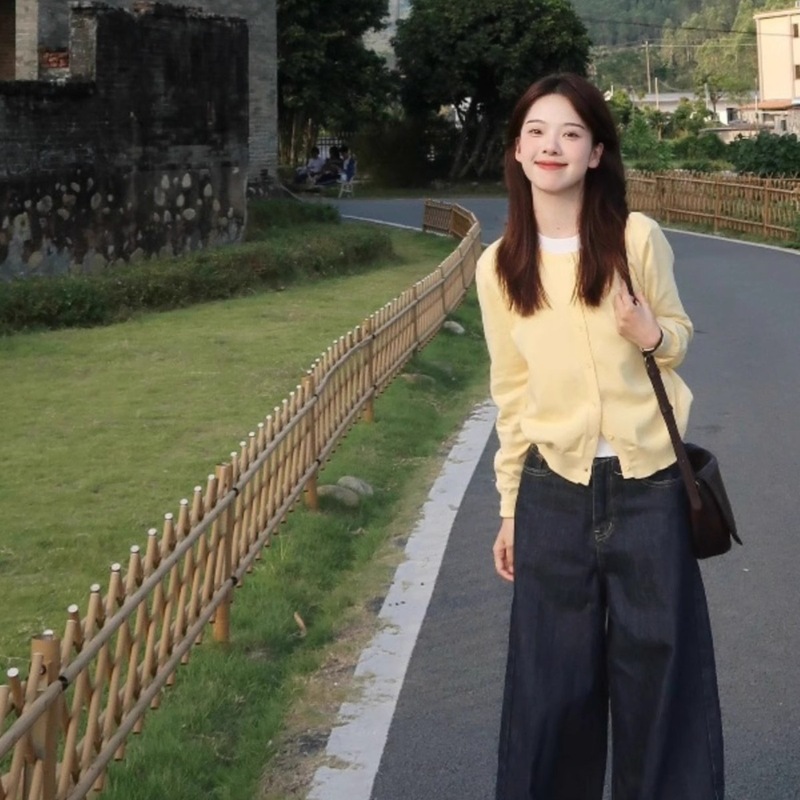 奶黄色假两件针织开衫上衣女早春季韩系穿搭设计感百搭长袖毛衣潮|undefined
