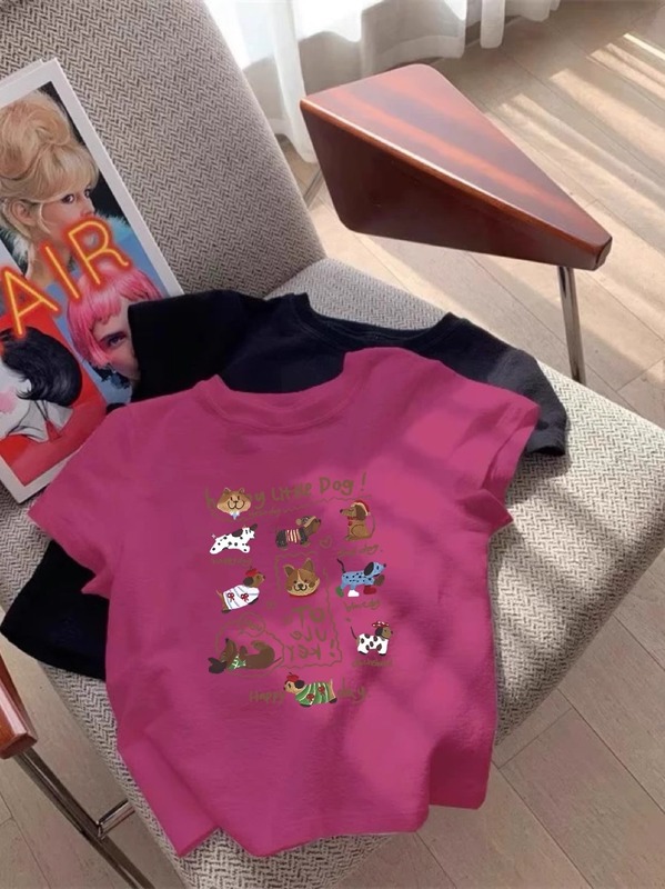 ネイビーブルーの純綿半袖Tシャツ女性用2025インターネットセレブ人気アメリカンプリントトップス右肩ラウンドネックホットガールシャツ|undefined