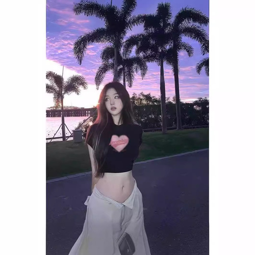 Summer Dopamine Nipple-Showing Black Short-Sleeve T-Shirt Sweet and Spicy Bare Waist Pure Desire Hot Girl Style Women's Top