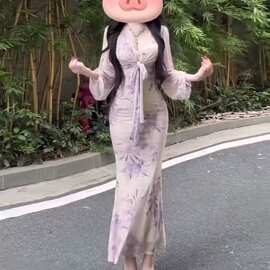 【原版两件套】茶歇温柔风浅紫色v领碎花连衣裙漂亮包臀长裙2026