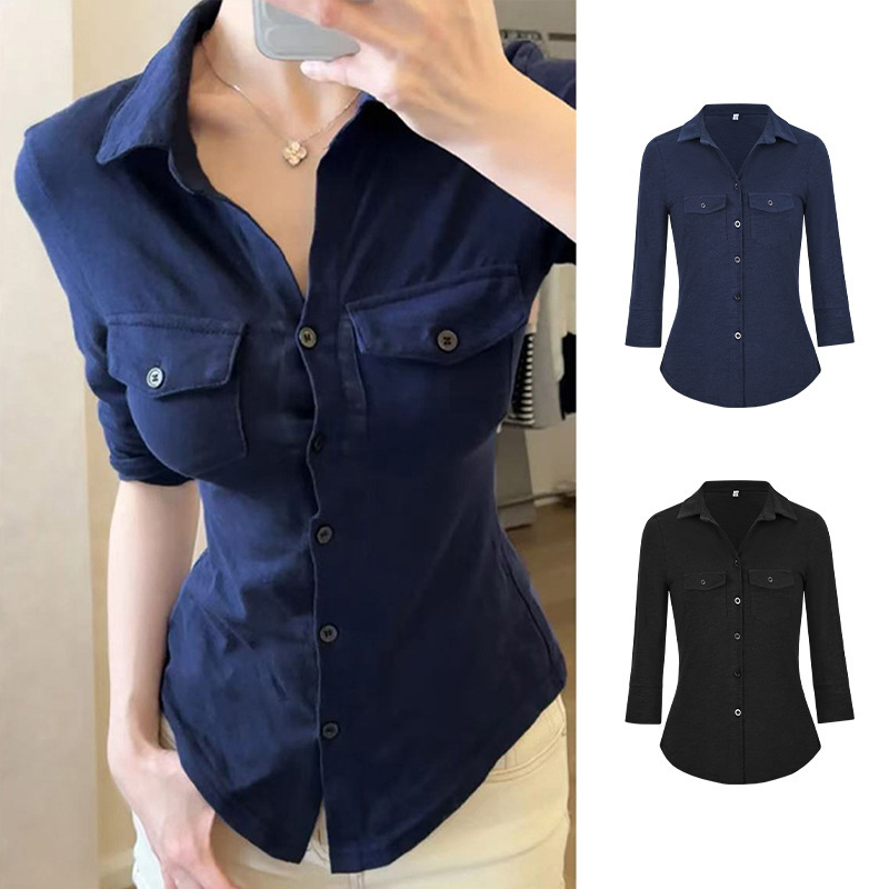 Moses Queen Retro Lapel Long Sleeve Shirt Waist Slimming Slightly Fat Pocket Button Top