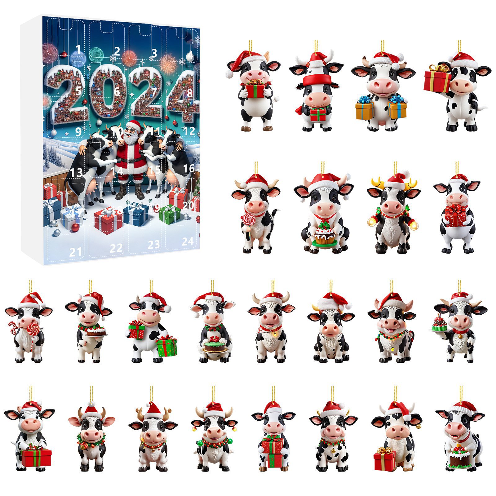 thumbnail image 1 of Calendario de Adviento de Navidad 2024 Cuenta regresiva de Adviento de Navidad Caja sorpresa Colgante de granja de vacas de Papá Noel Adornos para árboles de Navidad, 1 of 5