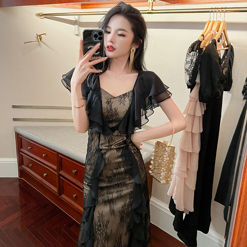 2026 New Style French Style Ruffled Sleeves Slim Long Dress Ladylike Design Lace Dress Summer 10519