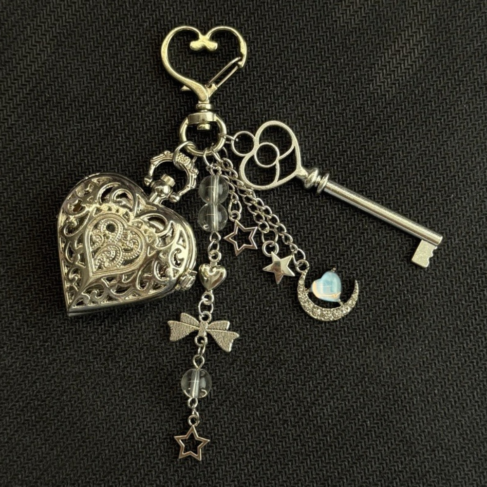 Vintage Heart Keychain Pocket Watch Pendant Star Moon Necklace_voghion.com