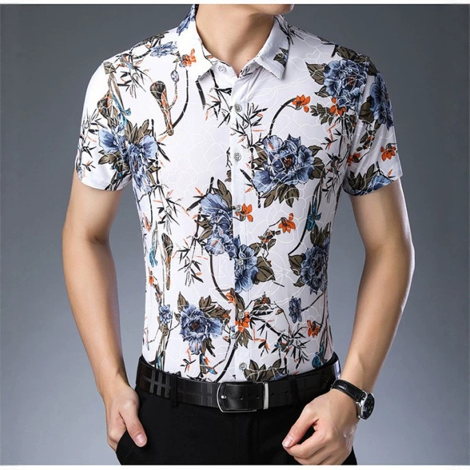 Summer Short-Sleeved Shirt for Men, Father's Style, Cool Ice Silk Casual Printed Shirt, Middle-Aged Floral Shirt with Drapey Chinese Style