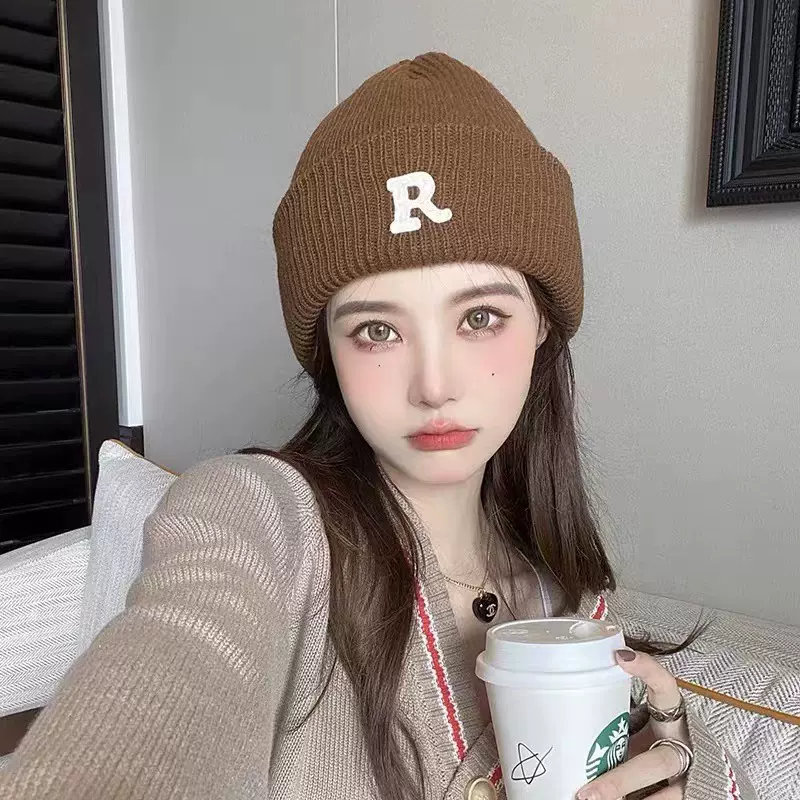 日式风R字母标 毛线帽简约百搭针织帽女冬天防寒保暖套头冷帽情侣