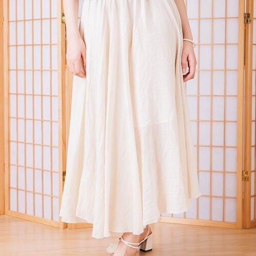 New ethnic-style retro Mori girl artistic large-flared solid-color slimming cotton-linen skirt with ruffled hem—women's midi skirt