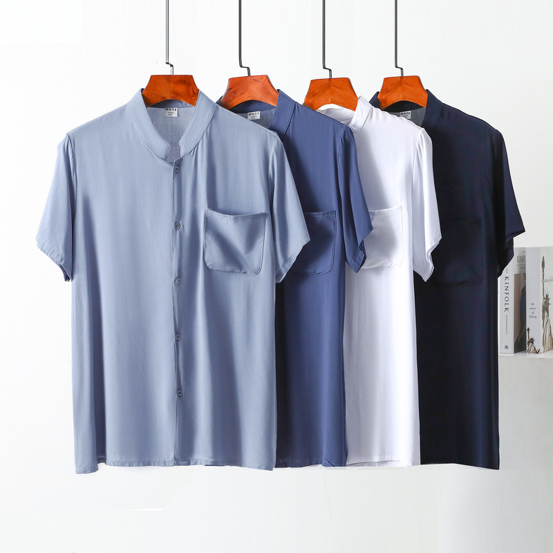 Cotton silk short sleeve stand collar shirt cardigan middle-aged and elderly men's thin artificial cotton plus size pocket top men's bottoming shirt Cotton silk short sleeve stand collar shirt cardigan middle-aged and elderly men's thin artificial cotton plus size pocket top men's bottoming shirt