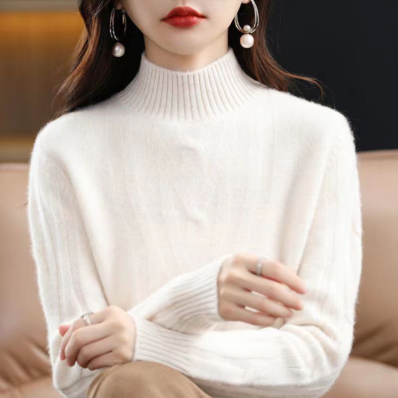 2024 otoño y invierno nuevo cómodo casual camiseta de punto de cuello medio alto de mujer torsión fondo suéter de punto suelto al por mayor