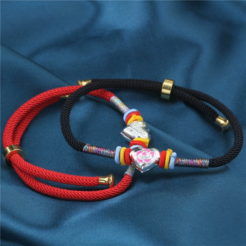 S999 стерлингового серебра 3D Жесткий Серебряный браслет в форме сердца год рождения красный веревочный плетеный браслет мужской и женский парный браслет