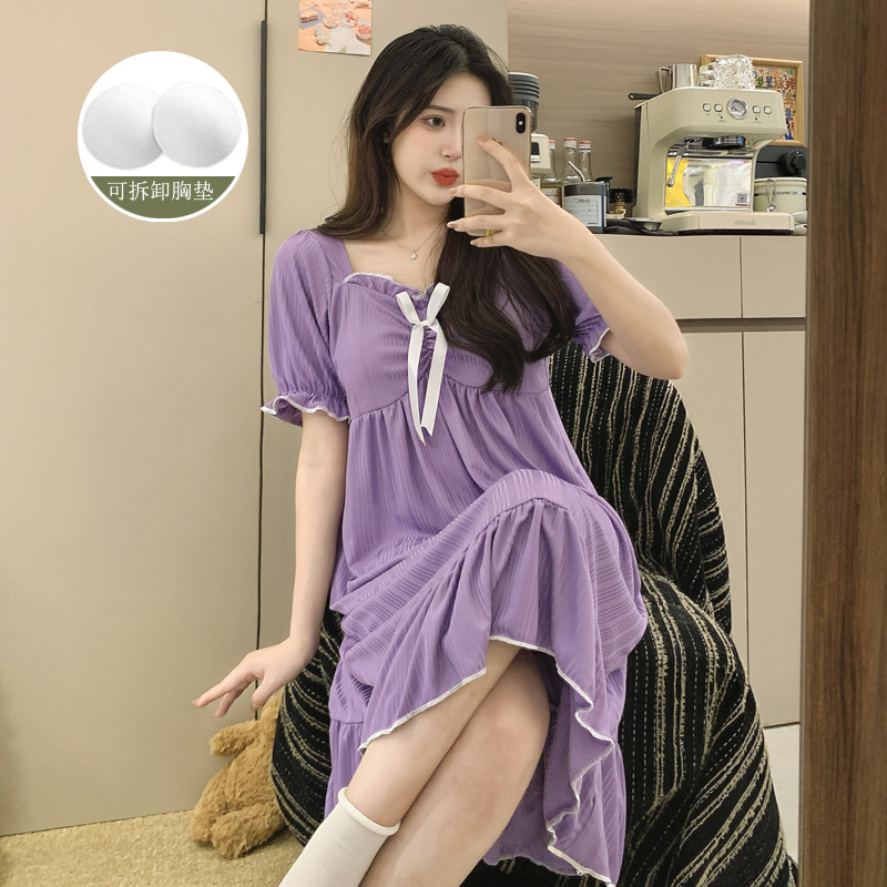 Fábrica directa de verano vestido de pijama de mujer sobre rodillas dopamina de color sólido plegado pozo cómodo vestido de hogar vestido largo cojín de pecho