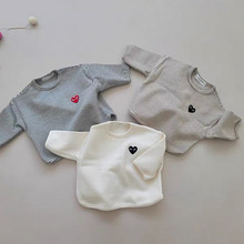 韩版INS秋季新款上衣T恤潮流男女童新条纹爱心宝宝纯色圆领打底衫