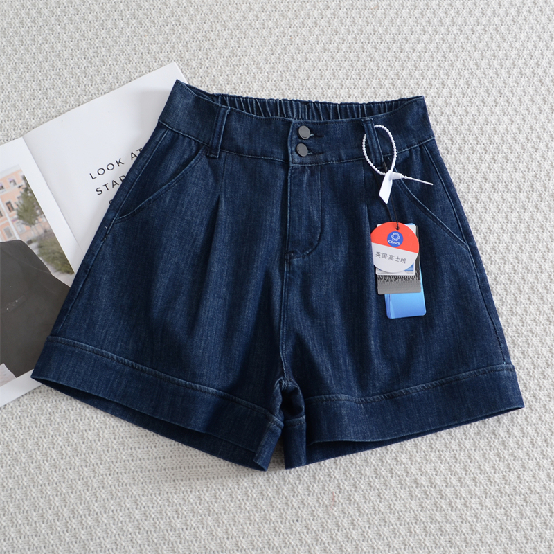 Slimming Anti-Fade Four-Way Stretch Dark Blue Denim Shorts for Women, Summer Thin Elastic Waist A-Line Wide-Leg Hot Pants Slimming Anti-Fade Four-Way Stretch Dark Blue Denim Shorts for Women, Summer Thin Elastic Waist A-Line Wide-Leg Hot Pants