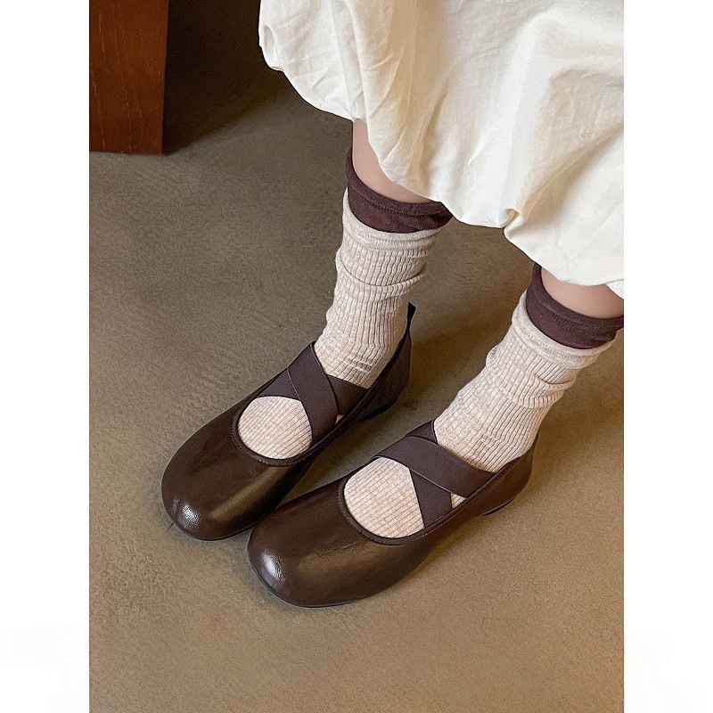 Mary Jane Shoes for Women 2025 Spring New Low-Heeled Ballet Shoes Cross-Strap Retro Pumps Black Brown