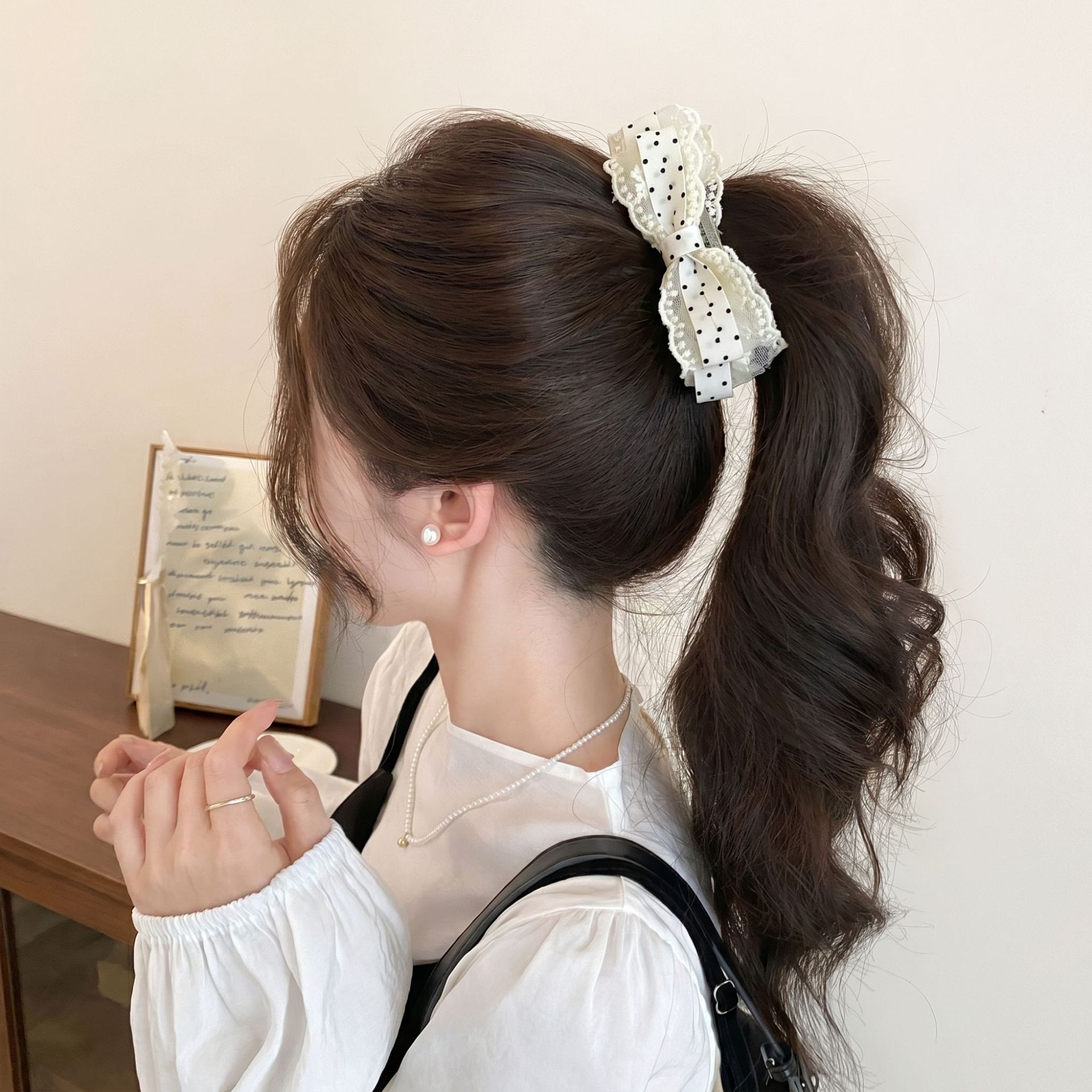 59# off-white polka dot lace bow banana clip - 13cm
