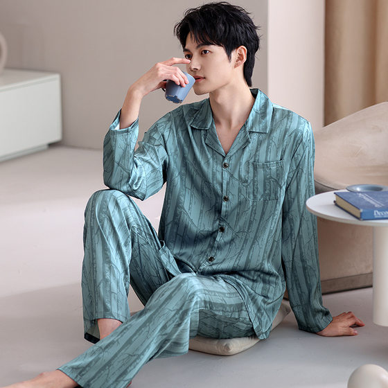 Ice Silk Men's Pajamas Spring and Summer Thin Long-Sleeved Silk Summer Outer-Wearing Men's Lapel Home Clothes suit