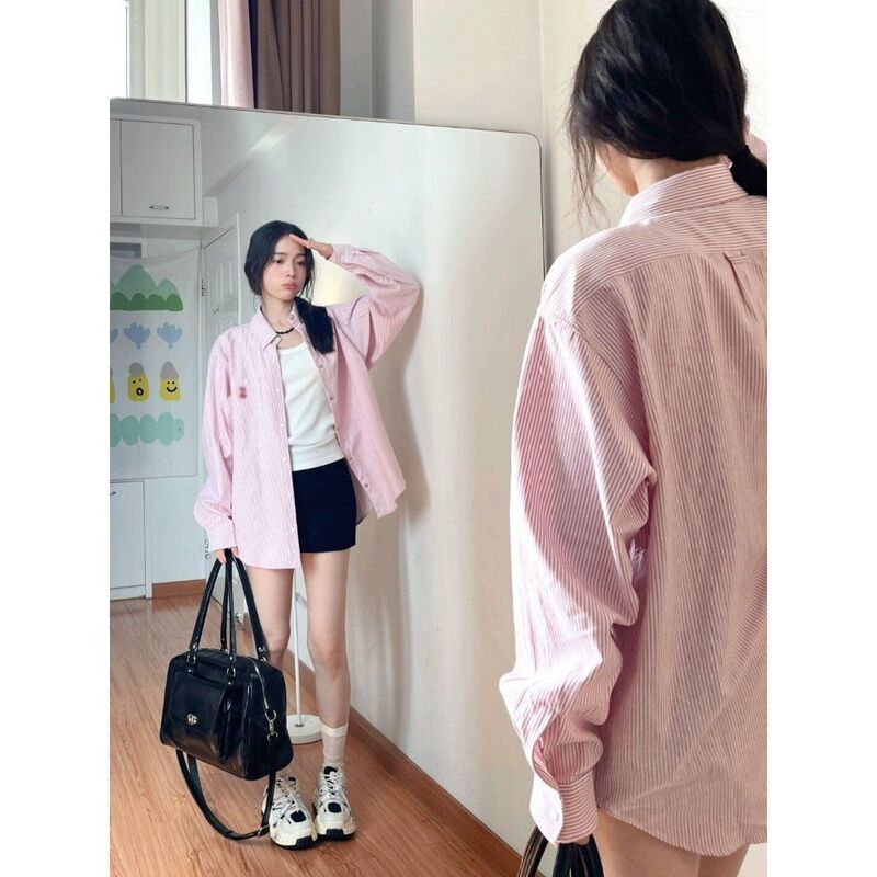 New French-Style Sweet Embroidered Striped Loose Shirt for Early Spring and Autumn, Lazy College Hong Kong Style Age-Reducing Shirt for Women, Trendy on Instagram New French-Style Sweet Embroidered Striped Loose Shirt for Early Spring and Autumn, Lazy College Hong Kong Style Age-Reducing Shirt for Women, Trendy on Instagram