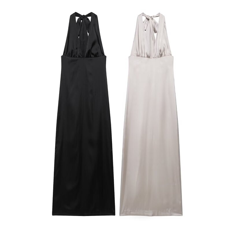 Cross-Border European and American Women's Clothing Za Aliexpress Hot-Selling Women's Halter V-Neck Backless Long Dress