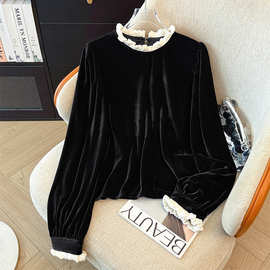 法式气质木耳边金丝绒衬衫女2025秋冬新款高级感洋气小衫上衣