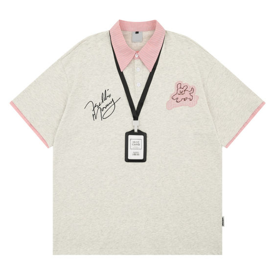 American Retro Contrast Color Design Lel Short-sleeved POLO Men's and Women's 2025 Summer Casual Couple Fake Two-piece Top