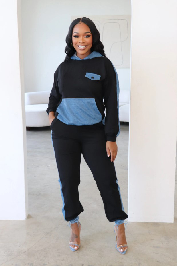 Women's Clothing 2024 autumn and winter hit casual denim patchwork hooded two piece suit_voghion.com