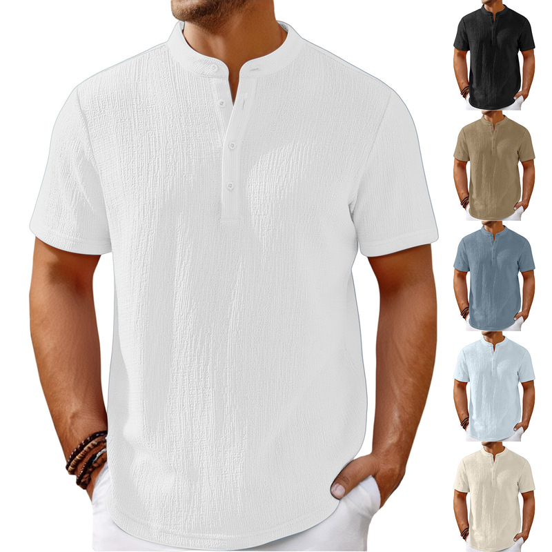 2025 Cross-Border Amazon Wish New Men's Retro Cotton Linen Striped Henley Shirt Casual Loose Shirt