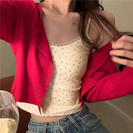 大码胖mm小碎花吊带女内搭蕾丝边背心夏外穿短款紧身上衣打底衫