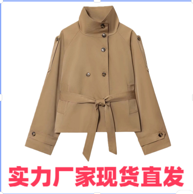 Nssf Homemade European and American Style Export Women's Autum Stand-Up Collar Elegant Work Clothing Waist Lace-Up Short Windbreaker Jacket