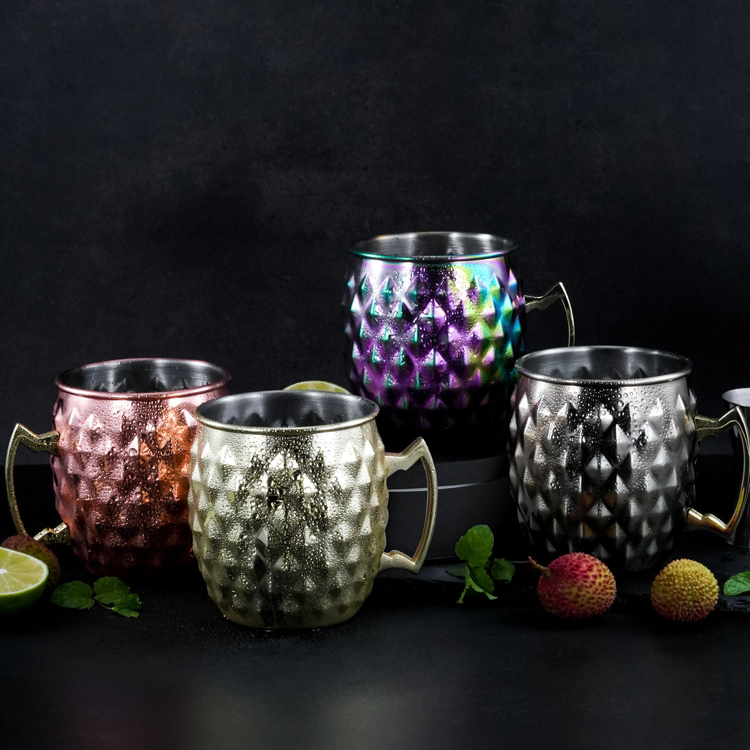Vaso de acero inoxidable de fábrica, vaso con forma de diamante, vaso de cóctel de acero inoxidable, vaso de vino metálico, vaso de bar, vaso con forma de tambor