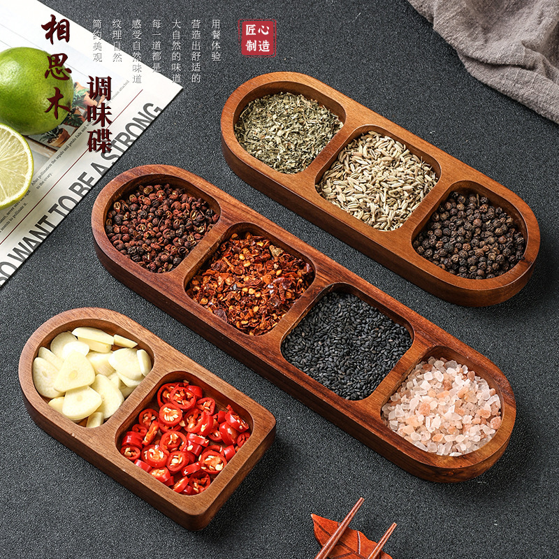 Acacia Wood Three-compartment Small Dish Plate Solid Wood Dip Plate High-end Breakfast Barbecue Hot Pot Kimchi Seasoning Plate snack plate