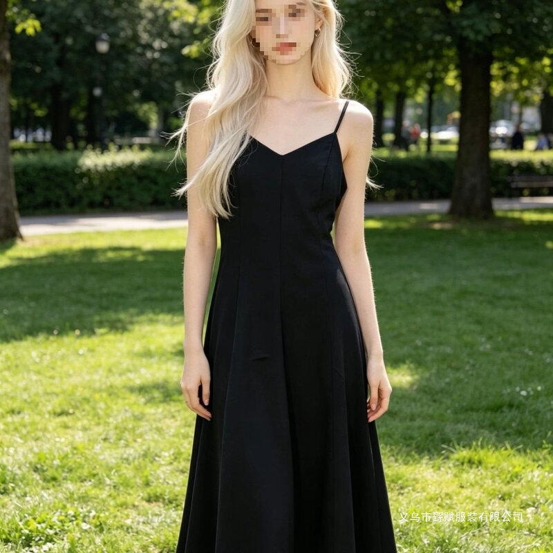 Black Spaghetti Strap Dress for Women, Summer 2026 New Style, Waist-Cinching, Slimming, Elegant Satin Long Beach Dress Black Spaghetti Strap Dress for Women, Summer 2026 New Style, Waist-Cinching, Slimming, Elegant Satin Long Beach Dress