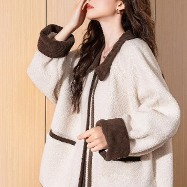 欧货撞色小香风针织衫外套女秋冬季2024新款休闲宽松皮毛一体上衣