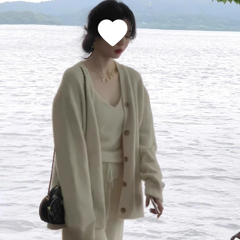韩版针织套装女冬2025秋季女装新款宽松吊带背心高腰阔腿裤三件套|undefined