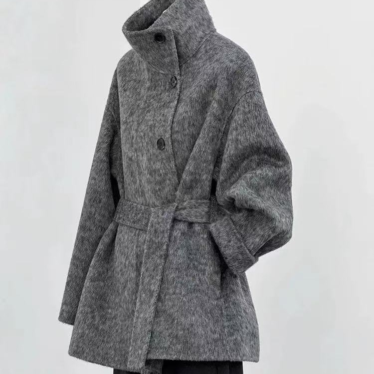 2025 Korean Style Autumn and Winter Stand Collar High-End Loose Lazy Thickeneded Mid-Length Wool Double-Sided Wool Coat Pure Color Women's Clothing