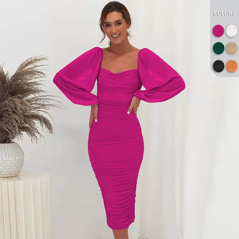 亚马逊热卖蕾丝拼接连衣裙敬酒服方领开叉长裙一步裙轻礼服伴娘服