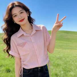 洋气领条纹抽绳褶皱大码衬衫女夏季胖韩系宽松绝美显瘦衬衣