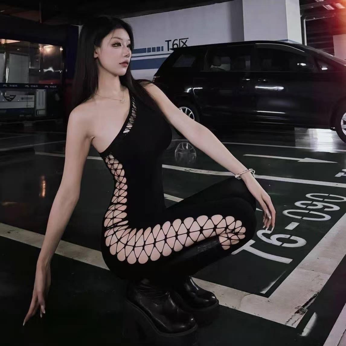 One-Shoulder Cut-Out Bodysuit, Black Mesh Polyester Jumpsuit, Asymmetrical Roleplay Outfit — detail image 4