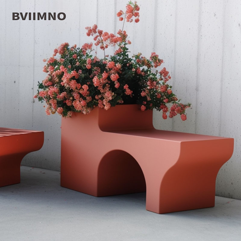Outdoor seating set for cafes, including leisure chairs, flower boxes, and benches, suitable for commercial streets and public squares