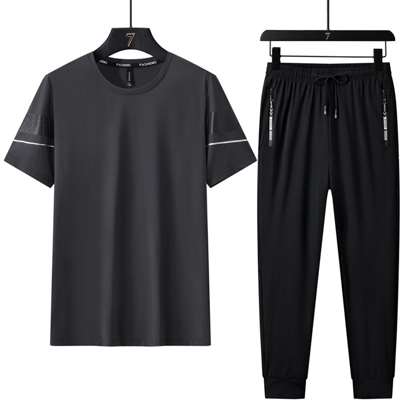 Trajes deportivos de seda de hielo de verano para hombres, mangas cortas, pantalones cortos, pantalones largos, carreras casuales, secado rápido, delgado, conjunto de tres piezas al por mayor