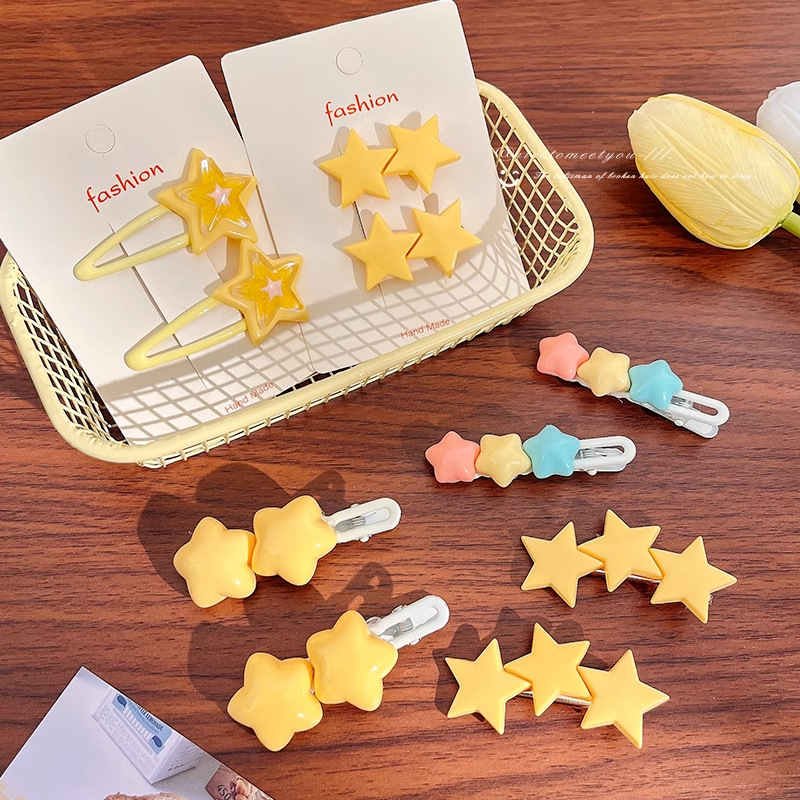Horquilla de estrella amarilla dulce y linda, clip de flequillo en la frente femenina, cabello roto en el costado, clip de pico de pato, tocado