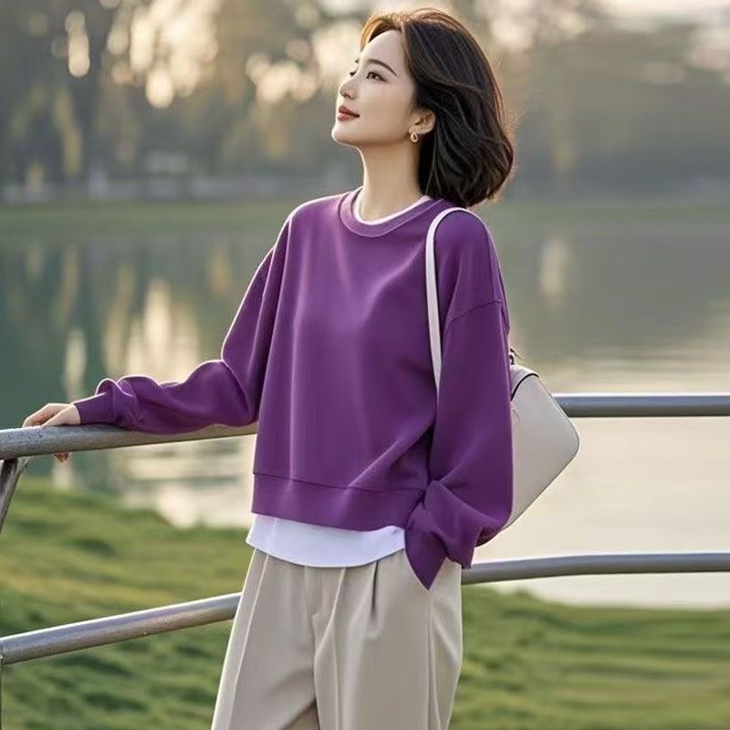 2025 New Fake Two-Piece Spring & Fall Design Versatile Loose Niche Pullover Round Neck Sweatshirt Women's Jacket Top Trendy