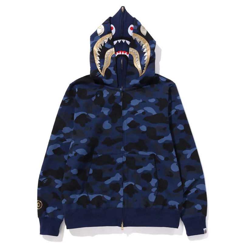猿人APE サメと虎の頭刺繍入り迷彩柄ダブルハットスウェットシャツ メンズ ゆったりカーディガン ジップアップフード付きジャケット 夜光