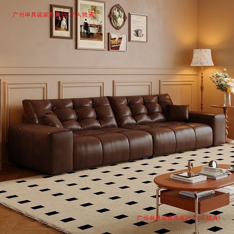 French Retro Style Oil Wax Cat Scratch Leather Sofa Living Room Small Apartment Modern Simple Mid-Century Style Old Brown Sofa