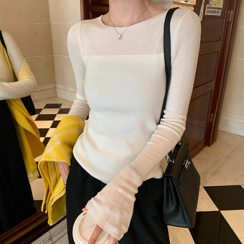 Cashmere Pearl Protein Flat Shoulder One-Line Collar Knitwear Niche Gentle Women's Autum Slim Fit Wool Bottoming Knitwear
