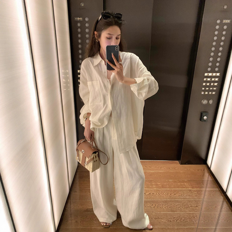 Relaxed yet Sophisticated Old Money Style 100% Linen Long-Sleeve Shirt for Women, 2026 Spring/Summer Thin Season Sun Protection Set with Wide-Leg Pants