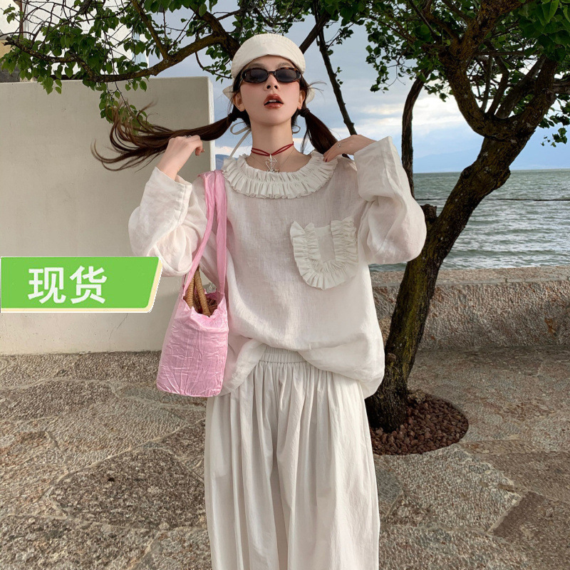 Le Rouge Zhou Meimei Sweet Girl Style All-Linen Ruffled Edge Sunscreen Shirt Top Le Rouge Zhou Meimei Sweet Girl Style All-Linen Ruffled Edge Sunscreen Shirt Top