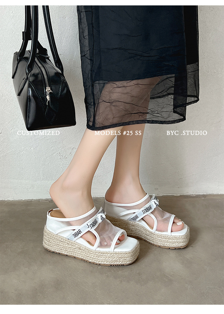 Sandal hở mũi nữ đế xuồng lưới chấm bi gót độn cao 2025 — Chấm bi trắng, Màu trắng chi tiết 9