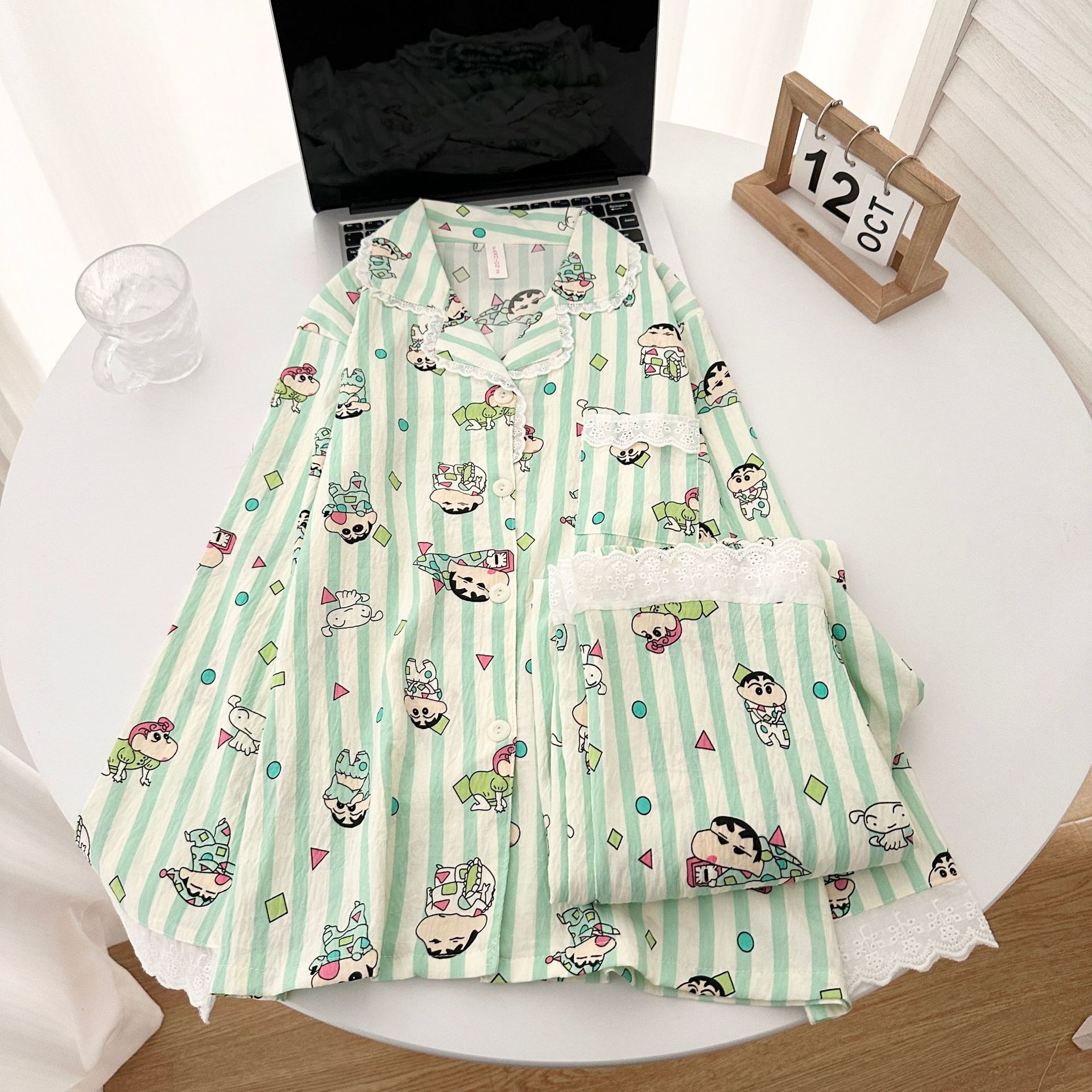 Pijamas de algodón con dibujos animados para mujer, venta al por mayor transfronteriza, nuevo estilo de otoño, cárdigan de manga larga, pantalones largos con ribete de encaje, ropa de estar por casa.
